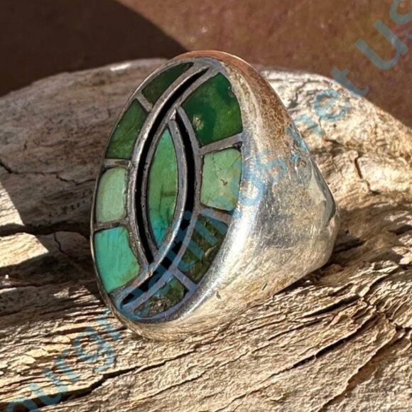Solid Sterling Silver Zuni Signet Ring Inlay Turquoise Size 10 - Picture 5 of 7